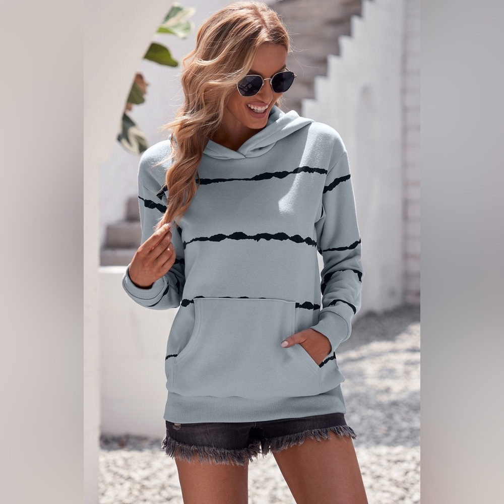 Steel Gray Striped Drop Shoulder Women’s Hoodie with Kangaroo Pockets Medium NWT